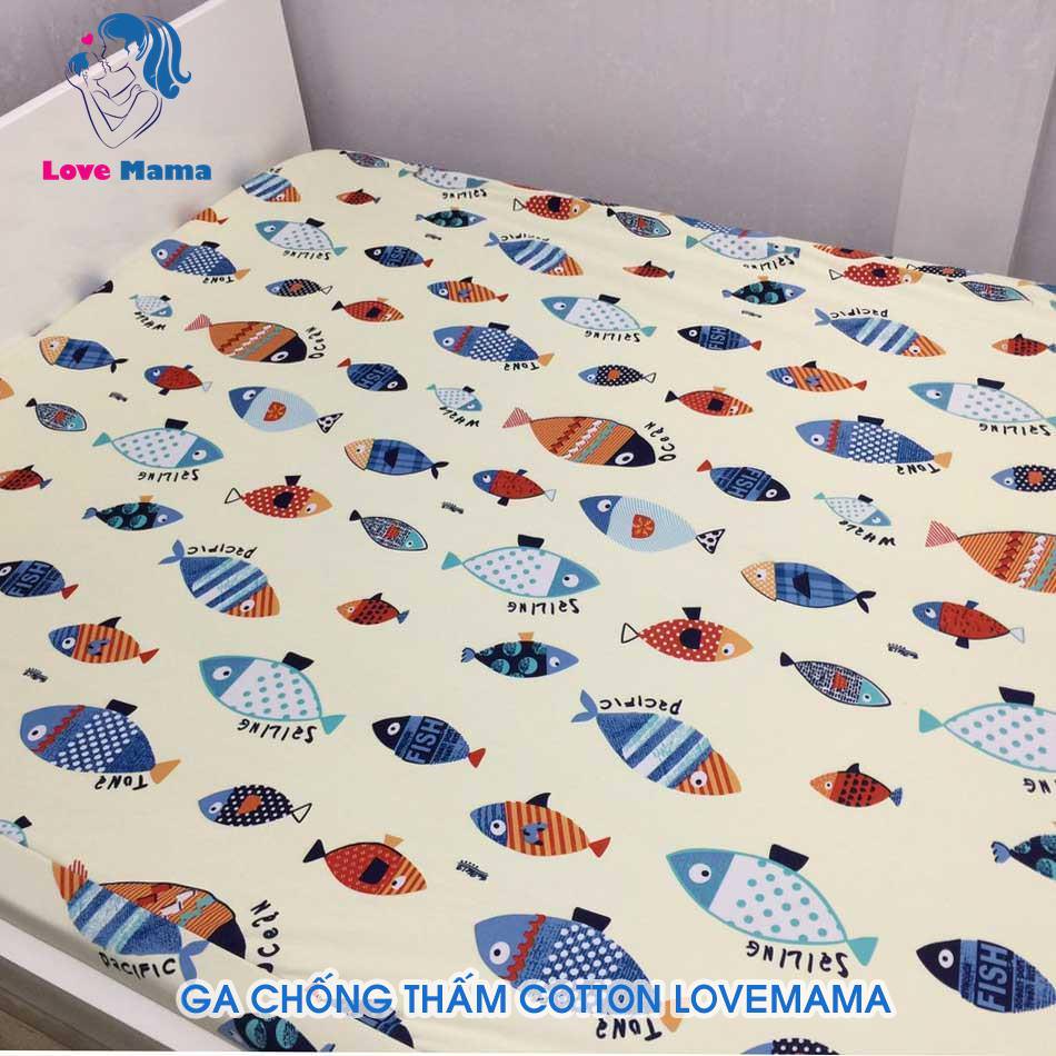 Drap chống thấm màu kem hình cá vải cotton loại 1m6