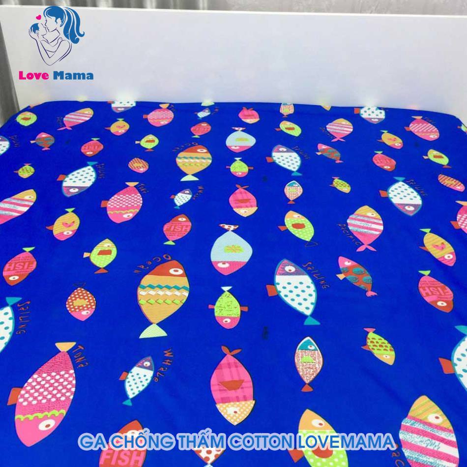 Drap chống thấm màu xanh vân hình cá vải cotton ga 1m6 cao cấp